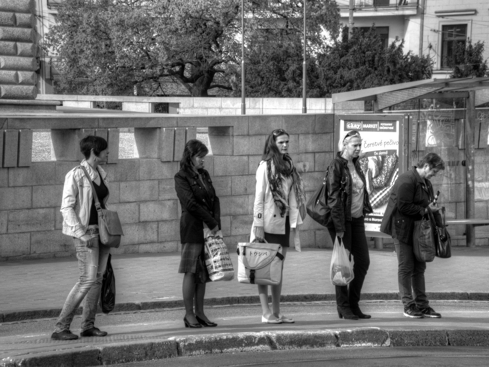 Five Women at Tram Stop (Monochrome)