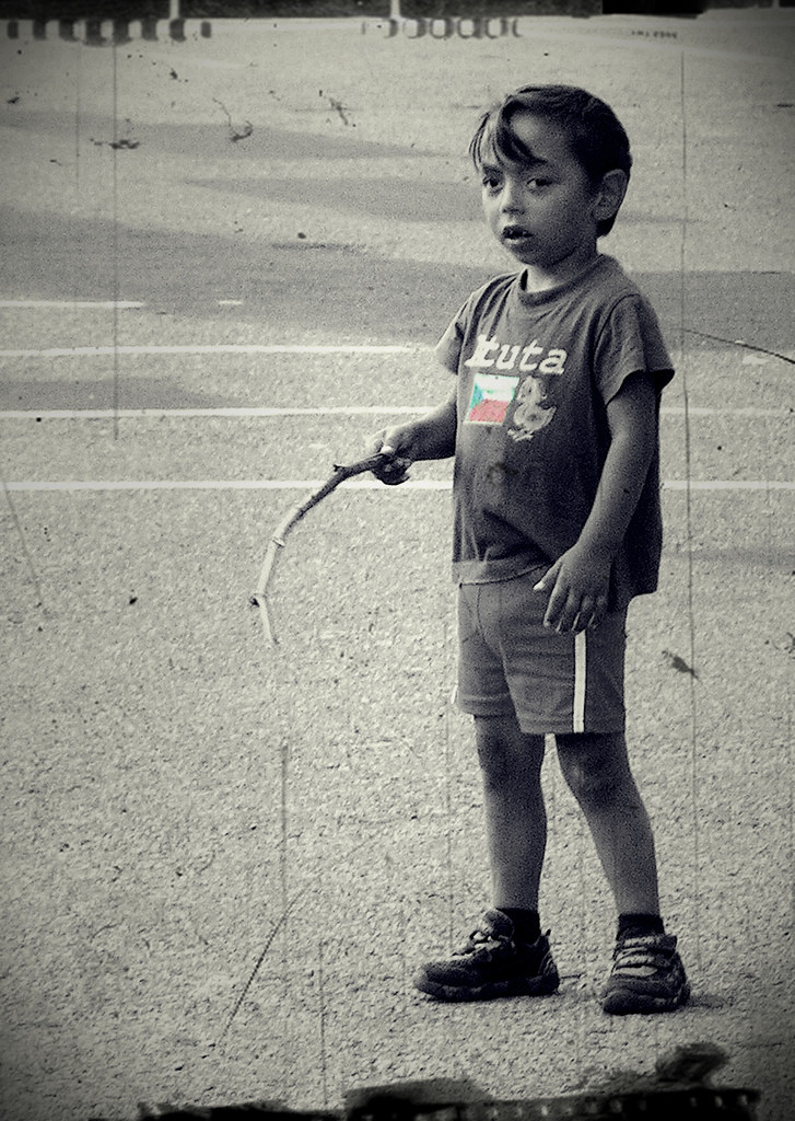 Romany Boy with Stick and Czech National Flag on T-Shirt (processed version)